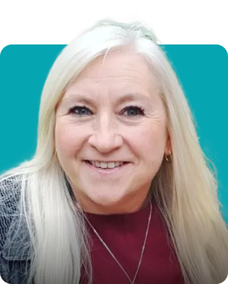 Smiling woman with long blonde hair and a teal background